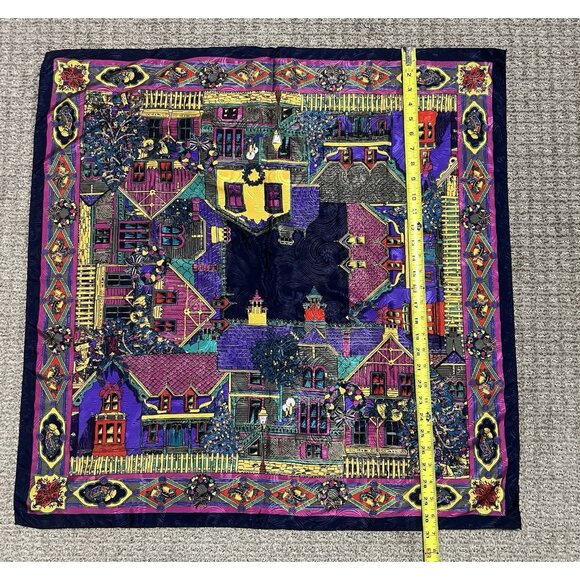 Oscar de la Renta Silk Scarf Village Street Scene Print Multicolor Square 30x30 - Picture 9 of 10